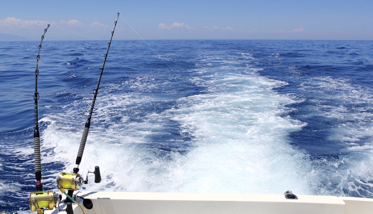blue sea fishing sunny day trolling rod reels wake